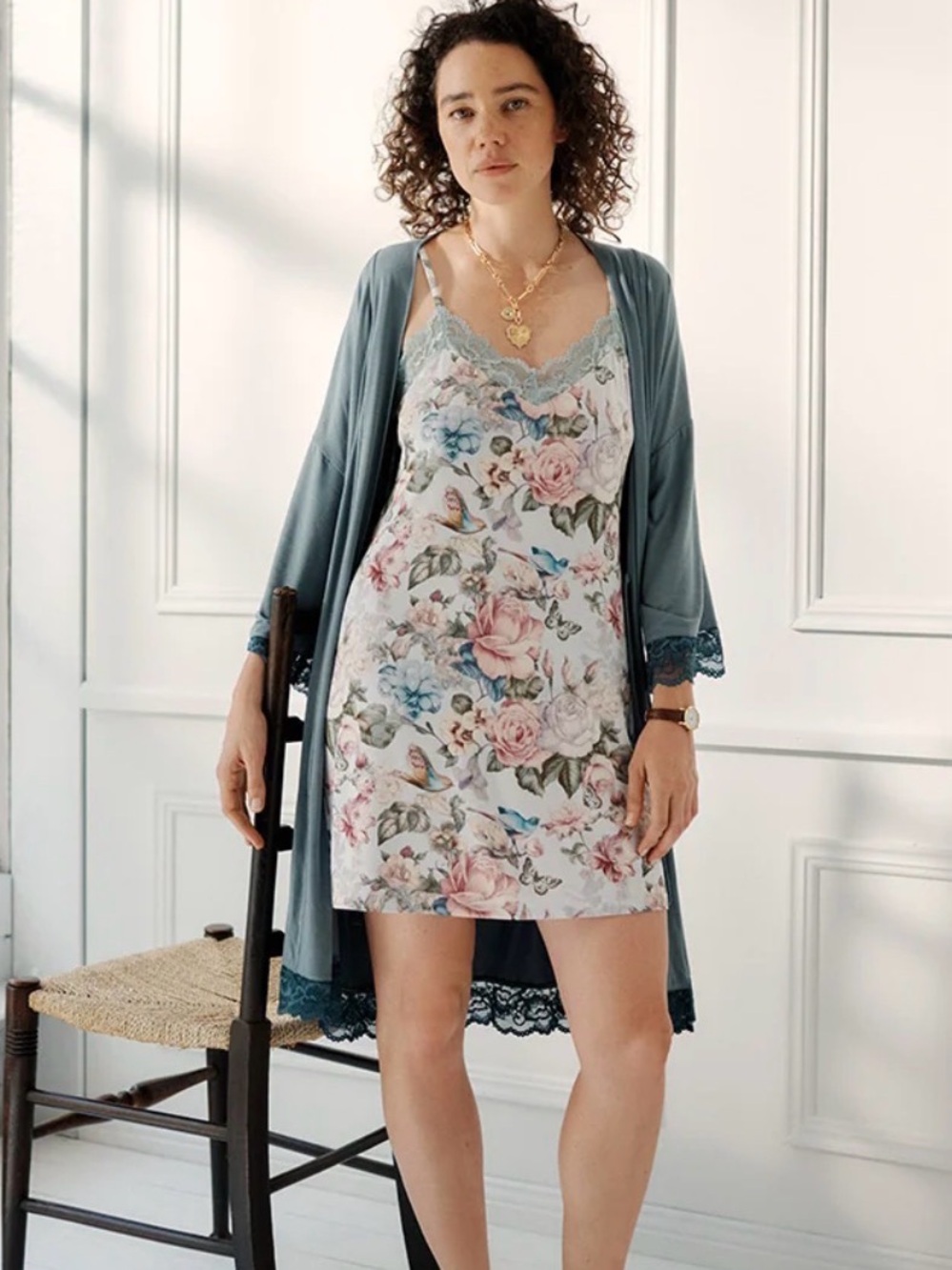 Posh Peanut Floral Lace-Trim Slip Dress in Pastel Floral size S